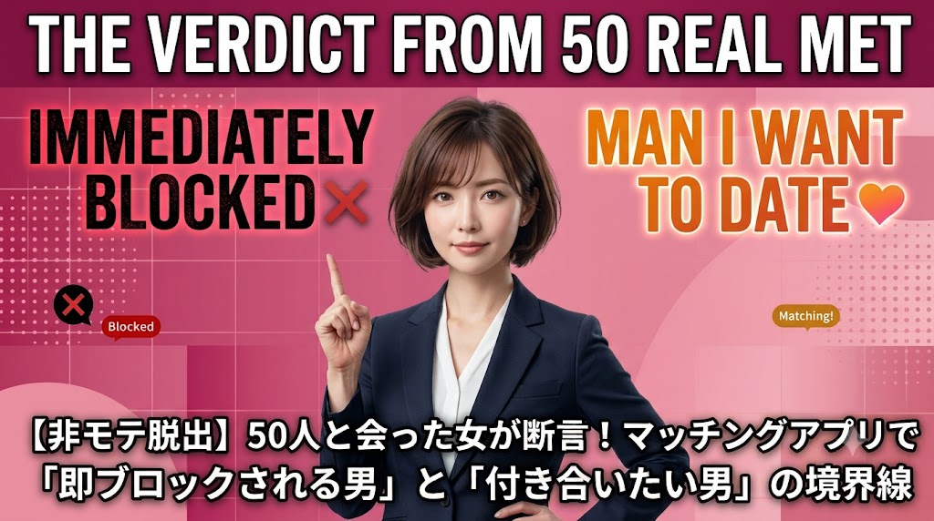【非モテ脱出】50人と会った女性が教える、マッチングアプリで即ブロックされる男と付き合いたい男の境界線のサムネイル画像。ピンクの背景と女性のイラスト。